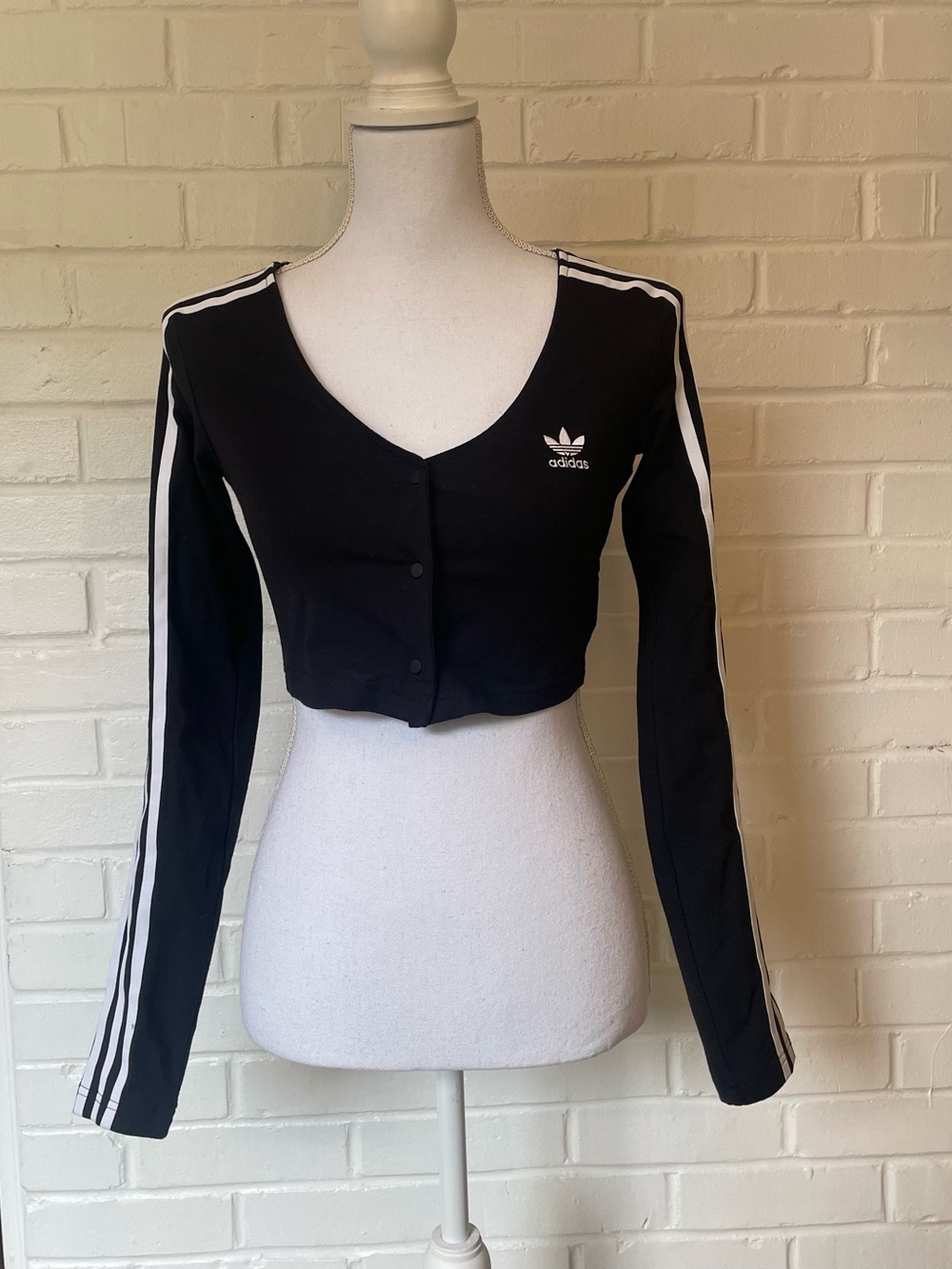 adidas Black Cropped V-Neck Long Sleeve Top with White Stripes Size XS